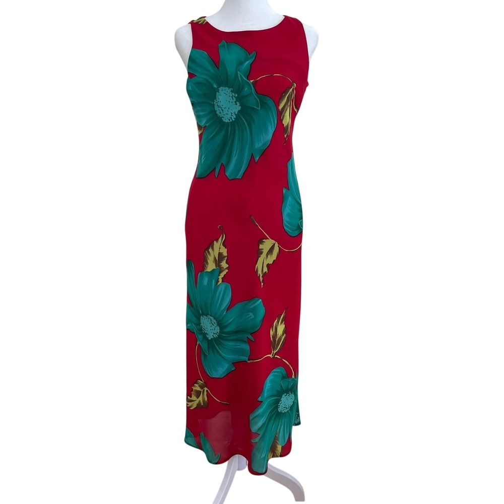 Byer‎ Studio Petite Vintage Red Teal Floral Sleeveless Maxi Dress Size P/6 USA